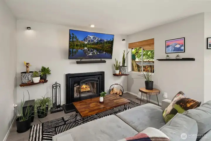 Family room with wood buring fireplace