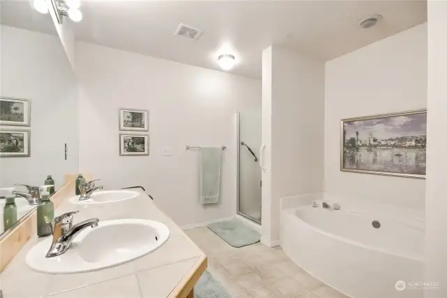 Wonderful 5 pc bathroom with soaking tub, large shower & a dual sink vanity.