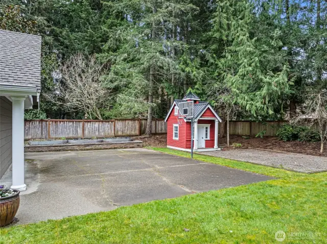 Large, level backyard with sport court, playhouse & container gardens