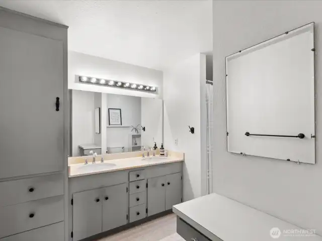 The linen closet has space for everything you might need.