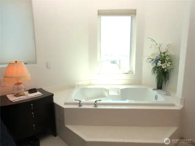 PRIMARY BEDROOM HAS A LARGE JACUZZI WITH VIEWS OF THE ROCK JETTY!