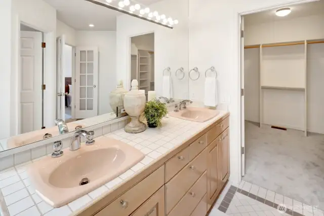 The main level primary bath features double-sinks and a large walk-in closet
