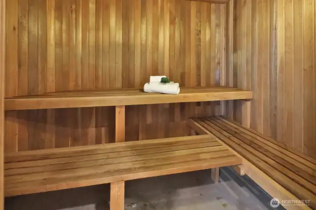 The lower level primary bathroom, sauna, and walk-in closet