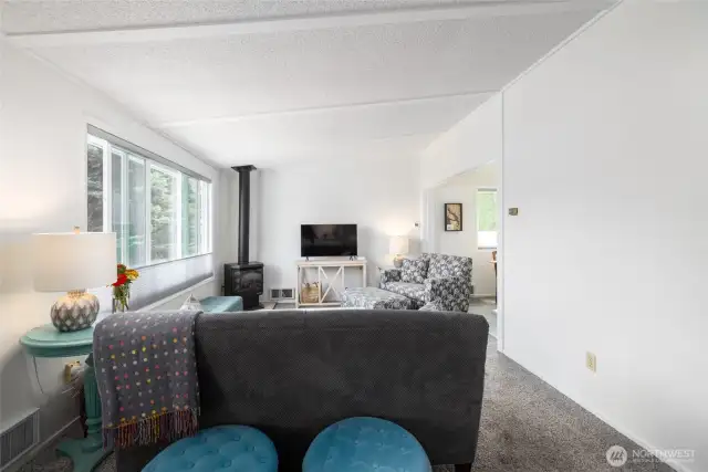 Living room with windows facing east.