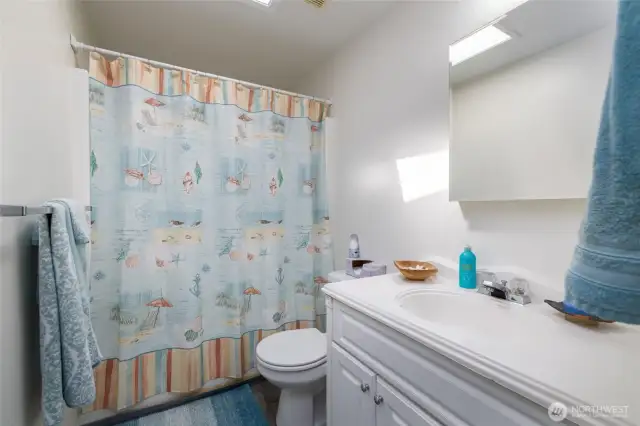 Full guest bath in the hallway with skylight.