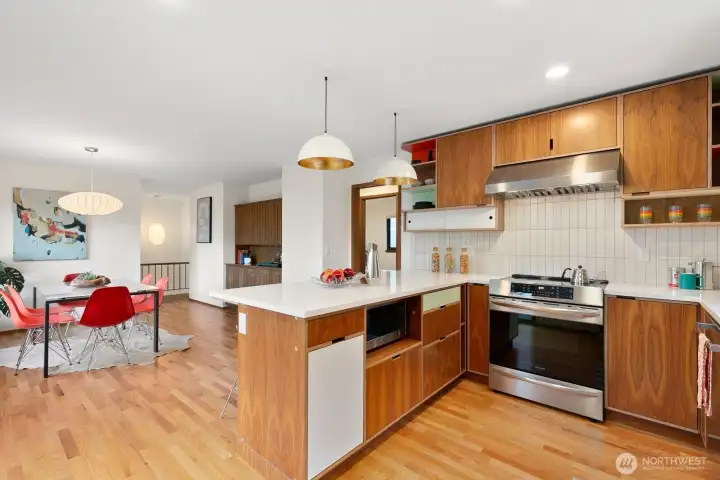 Open and modern brand new kitchen with custom Kerf cabinetry