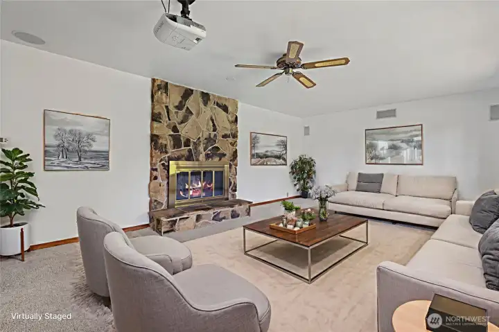 Virtually staged Living room with wood fireplace