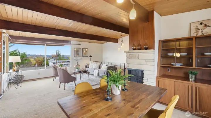 Natural light fills the space, bringing warmth to the mid-century details throughout.