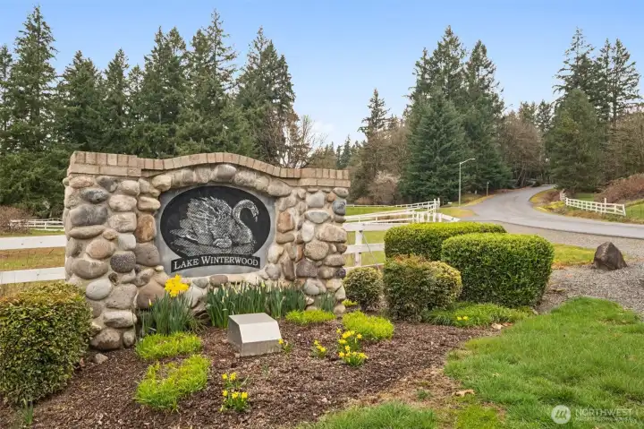 Entrance to Lake Winterwood - a neighborhood of 110 homes, one way in or out, with a 13 acre private park. Come and check it out!