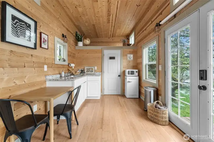 kitchenette and entrance to tiny home