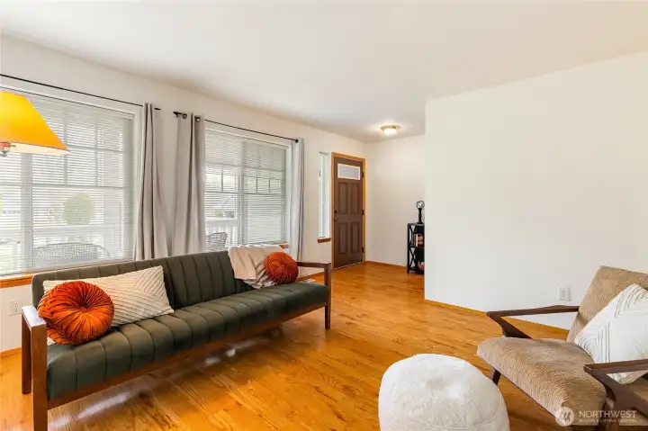 View from fireplace area looking towards front entry.