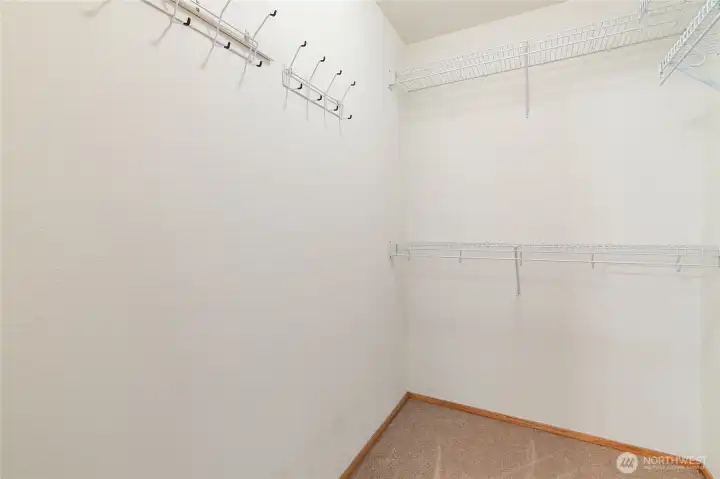 The spacious primary walk-in closet offers ample room for a complete wardrobe.