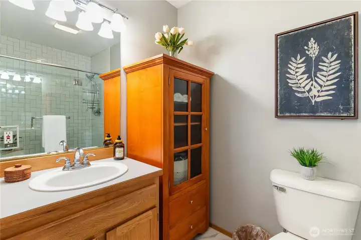 Beautiful primary bathroom offers plenty of room to feel like your are in your own spa.