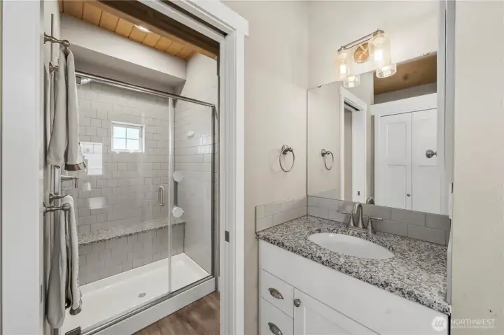 Large walk in shower and washing vanity in the primary bedroom