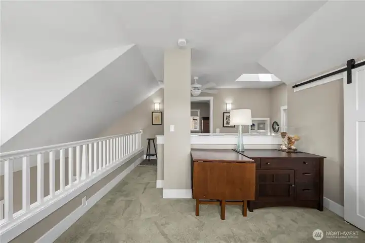 Upstairs loft with view over the rail to the lower level