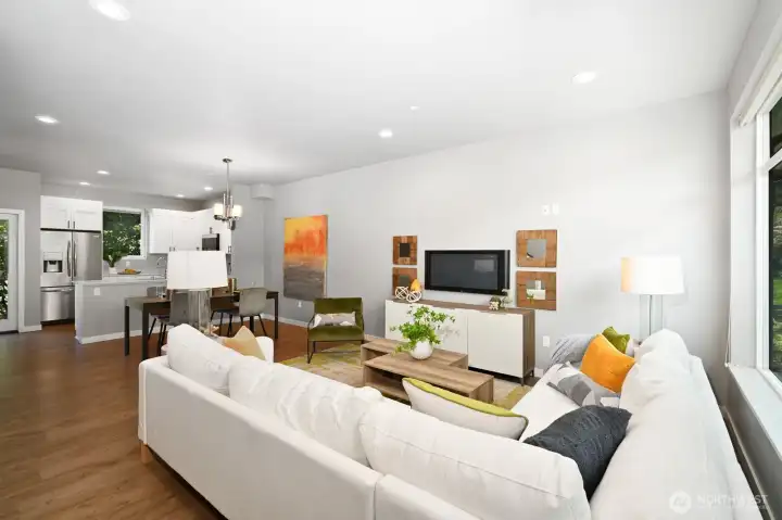The expansive living and dining area easily accommodate all your furnishings.