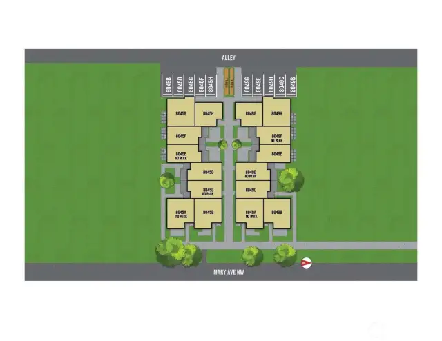 Welcome to the community layout! With each unit uniquely positioned, enjoy privacy and a welcoming atmosphere, making it an authentic neighborhood experience on Mary Ave NW.