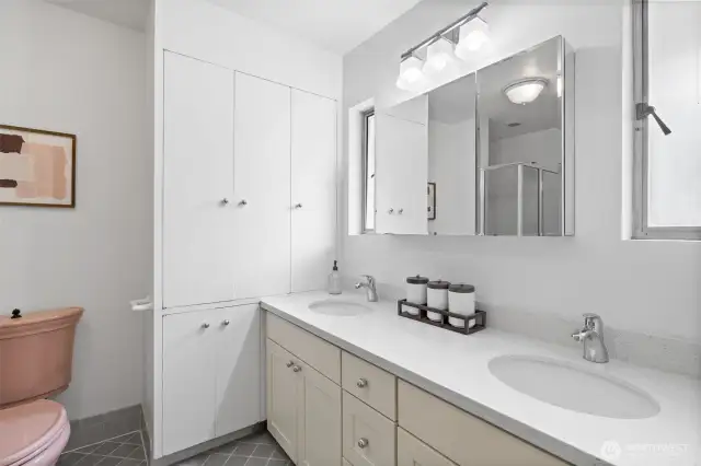 Double vanity and cool vintage fixtures