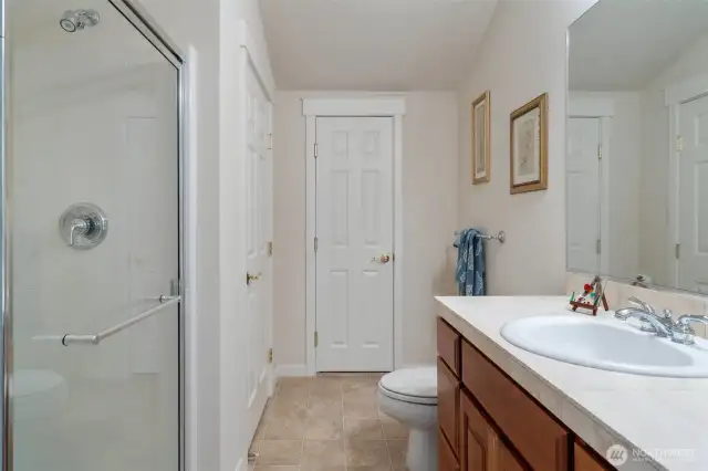 Up stairs 3/4 guest bath. There's a good sized linen closet and also attic access with an amazing amount of storage.