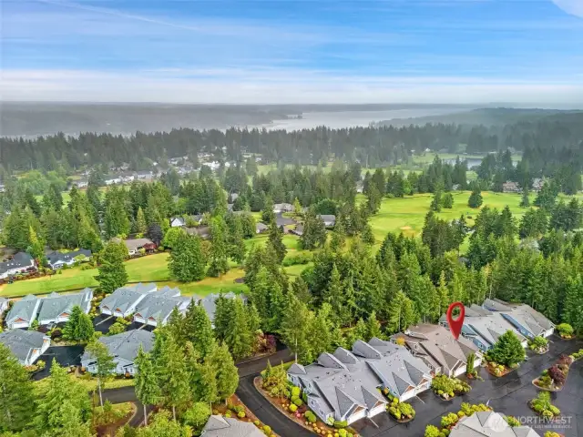 So beautiful! Aerial view the Lakeland Village golf course and looking out to Case Inlet in Allyn.