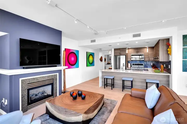 Cozy modern gas fireplace, new lighting, all-new kitchen.