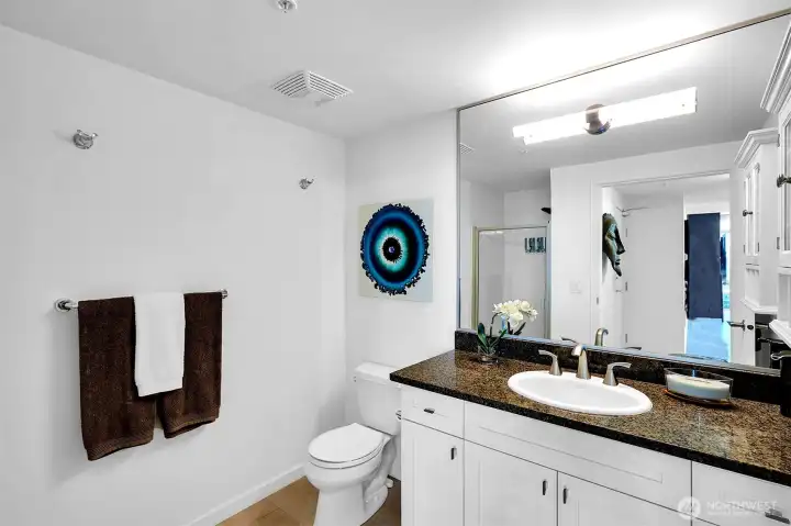 Gigantic 3/4 guest bath near entry.