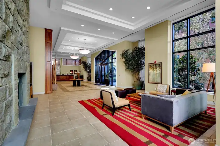 Comfortable lobby with 24/7 concierge service for security.