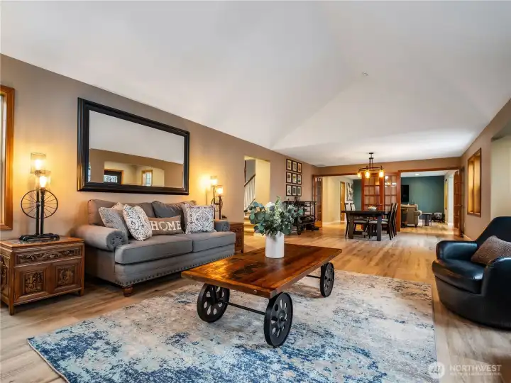 Living room flows into the spacious dining room