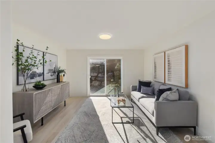 Bright living room with efficient layout, ideal for full-time living or a weekend retreat in Friday Harbor.