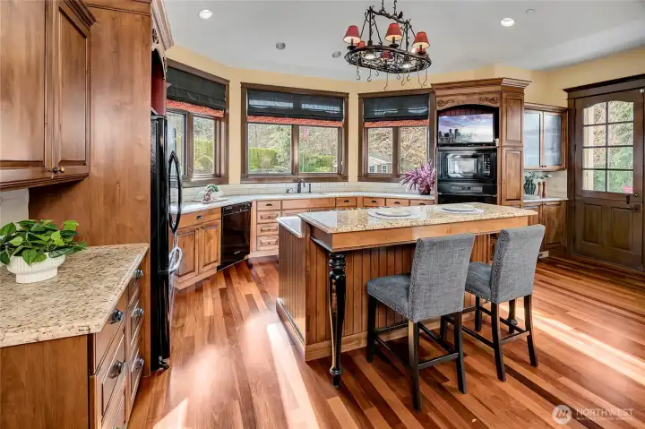 Kitchen with custom cabinetry and granite. Open to yard and pool area.