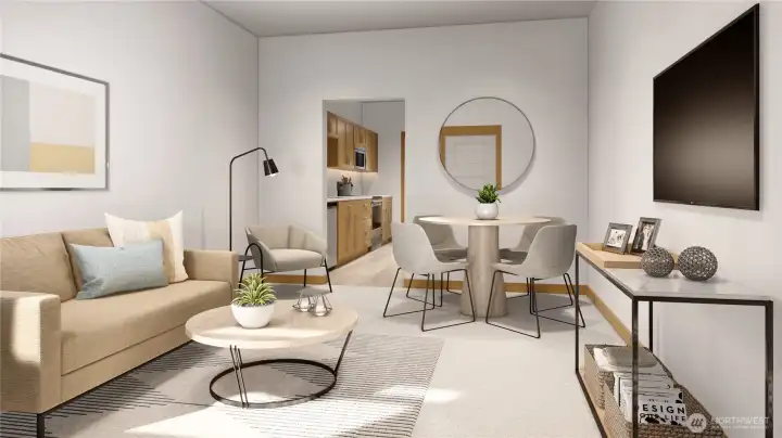 Living/Dining Room. This is an artists rendering and does not accurately depict interior finishes.