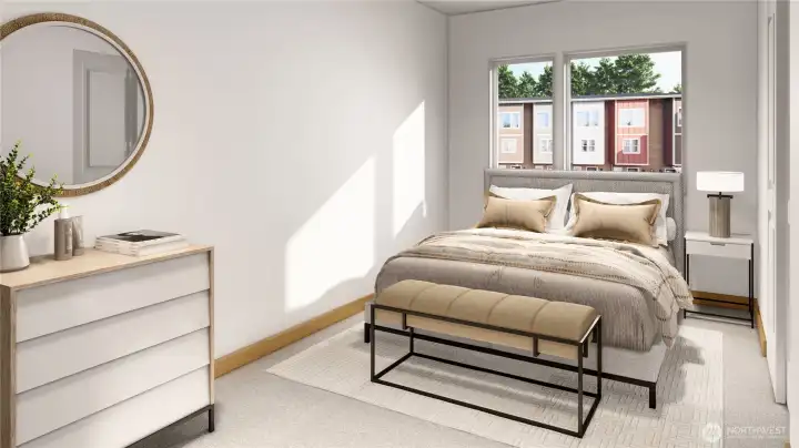 Bedroom.  This is an artists rendering and does not accurately depict interior finishes.