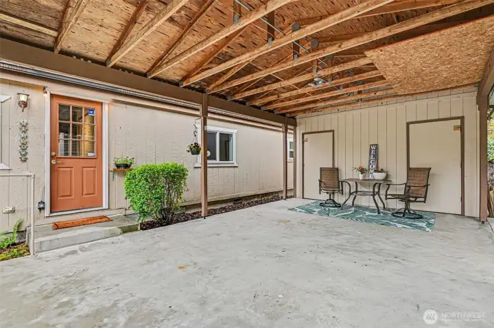 Covered he/she shed retreat—perfect for hobbies, or a quiet escape