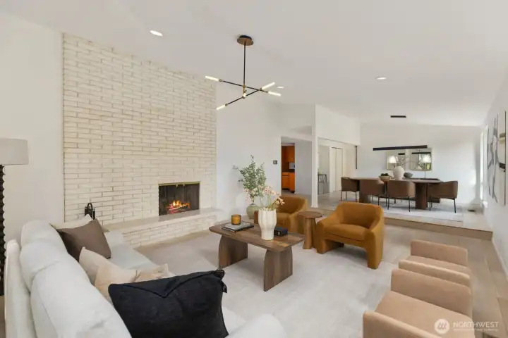 Living room and wood burning fireplace with original details
