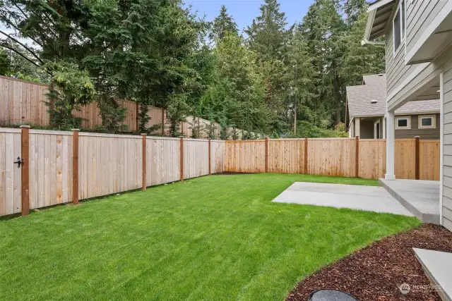 Back-yards fully fenced with 6’ cedar privacy fencing. Photo for illustration only of same plan on a different lot, not actual.