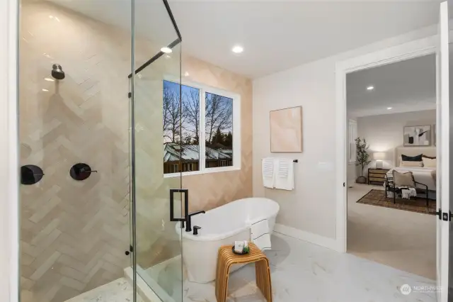 Floor to Ceiling tile and extra large Shower bench