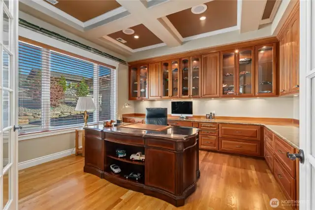 Office with built-ins and coffered ceiling