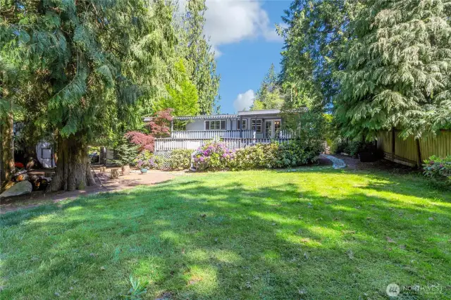 A glimpse of the back of the house. Fire pit is to the left in between the trees.