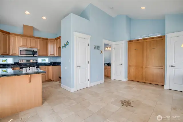 The home has a full size kitchen, and a bathroom with laundry.