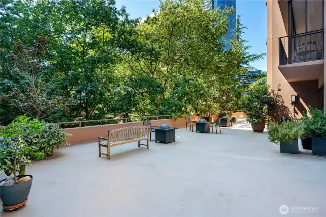 Outdoor community deck with seating and firepits