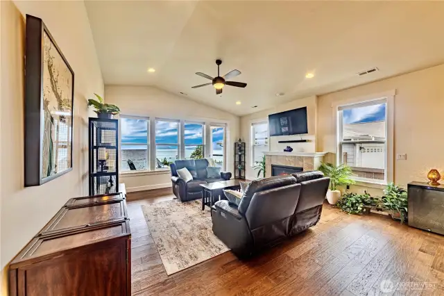 View from Great room. Living room leads to deck with view.