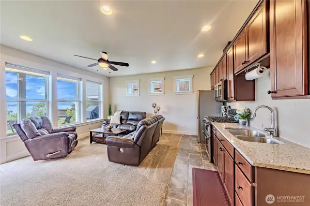 Downstairs living room and kitchen with a view!