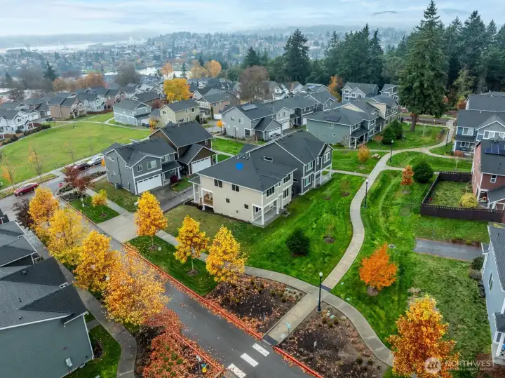 Welcome home!  2383 Yulan Way is the cream colored home marked with a blue dot. Four bedrooms, a two-car garage, adjacent street parking, covered outdoor spaces, a quick trip to anywhere - shopping, dining, recreation, commute routes & more.