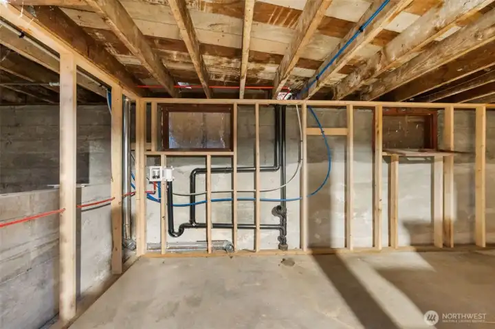 Basement includes roughed-in plumbing for a laundry area.