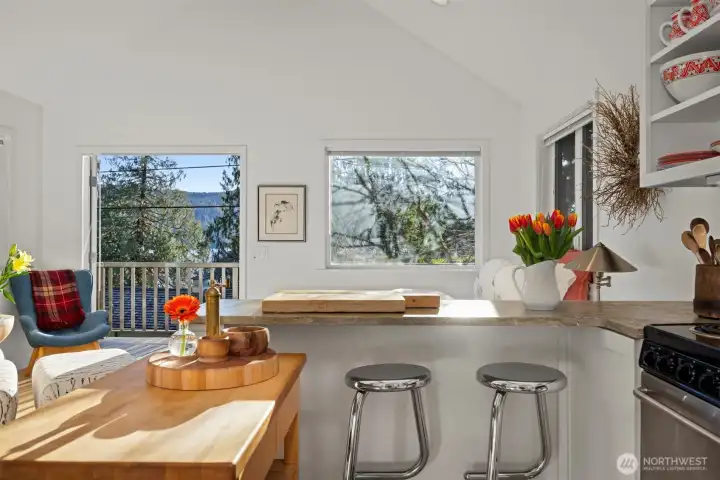 The kitchen has a useful chopping block cart and an eating bar for two that looks to the lake views beyond.