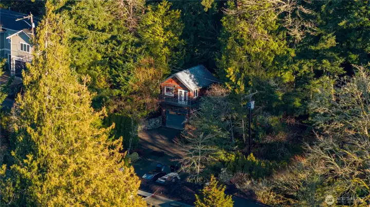 Looking down at the “cottage in the woods”.