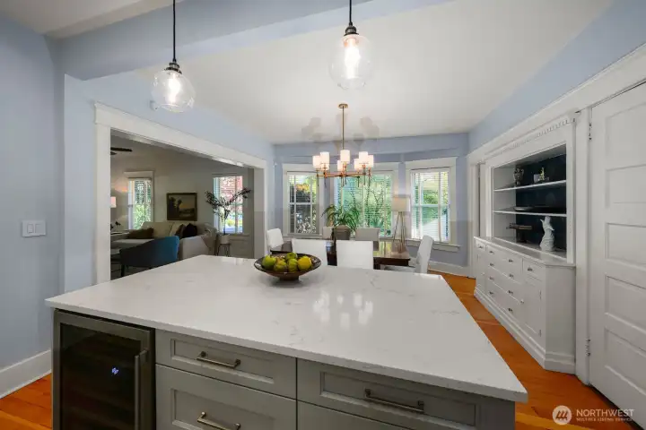 Beverage refrigerator and plenty of counter space.