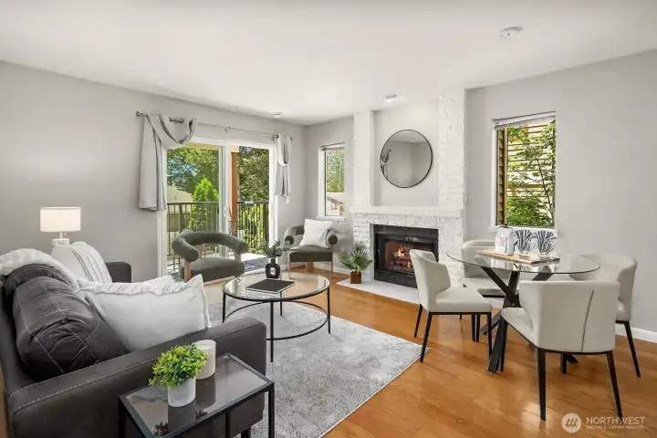 Light and bright corner unit with a spacious deck large enough to accommodate a dining table if desired. Wood burning fireplace creates instant ambience.