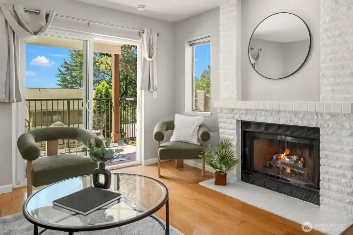 A closer view of the light filled living room and patio.