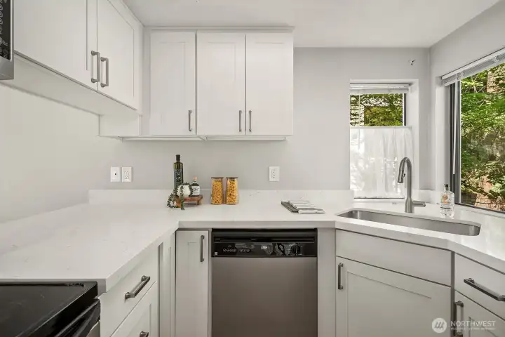 Stainless steel appliances and sunny, verdant kitchen sink views.